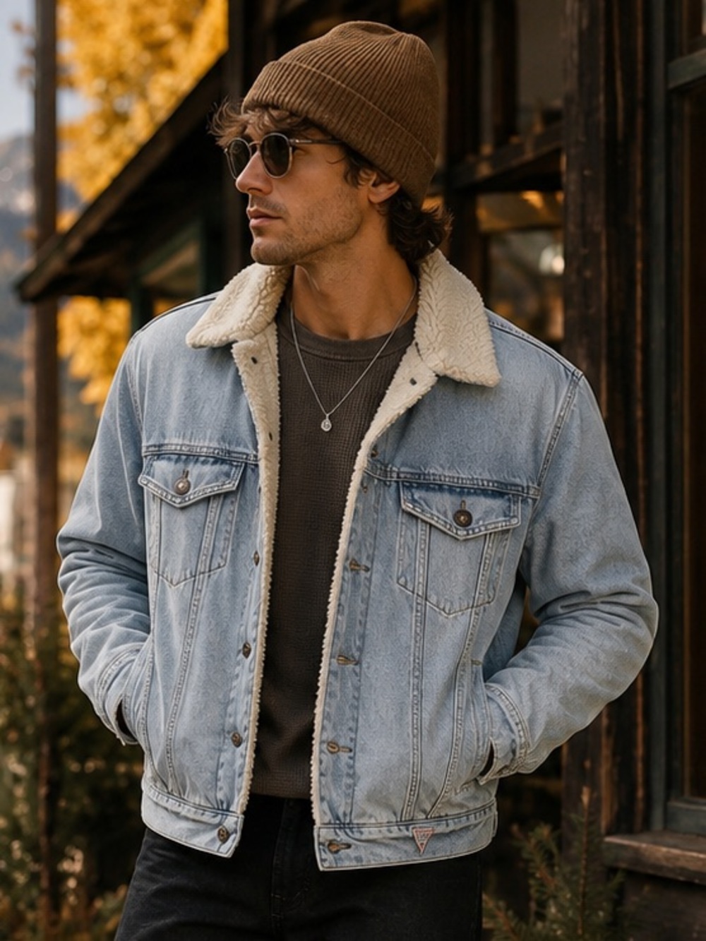 Guess Sherpa Lined Denim Trucker Jacket Light Wash Men’s Small Coat